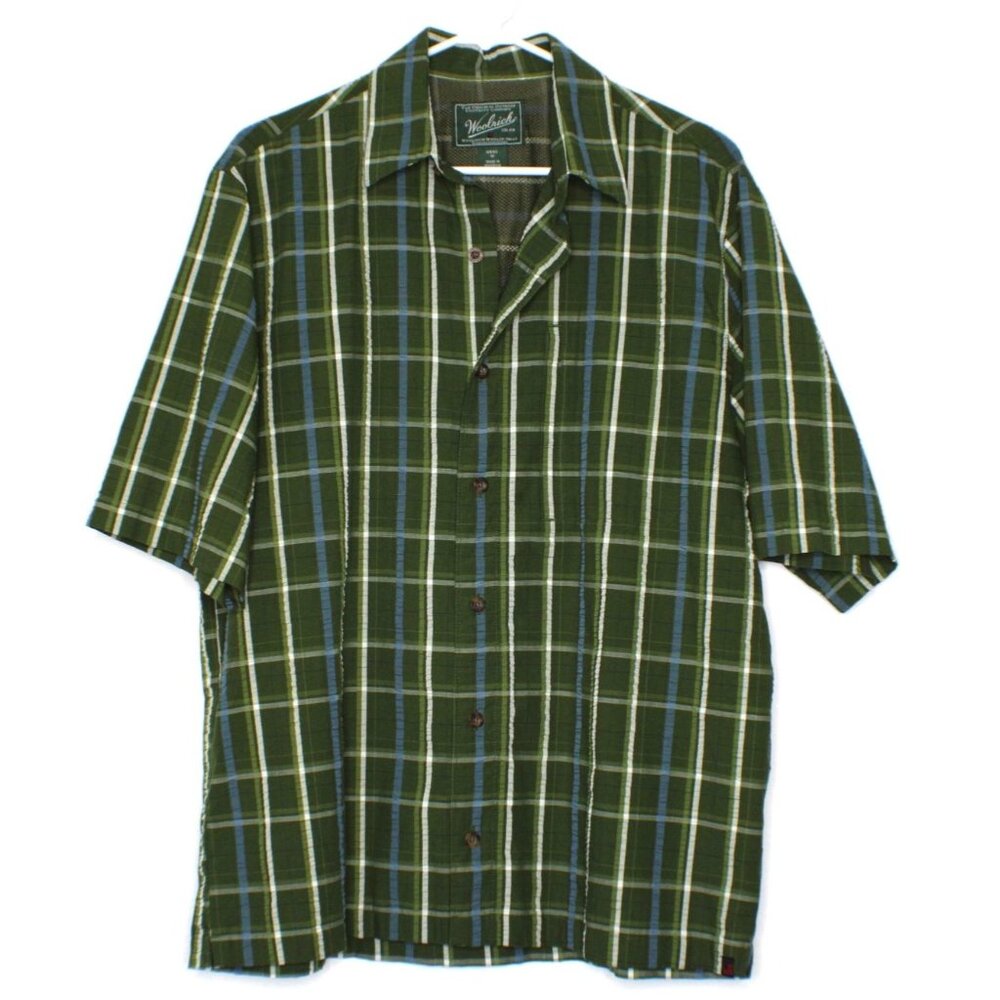 Woolrich Mens Green Plaid Pesto Button-Down Shirt M Poly Organic Cotton Blend